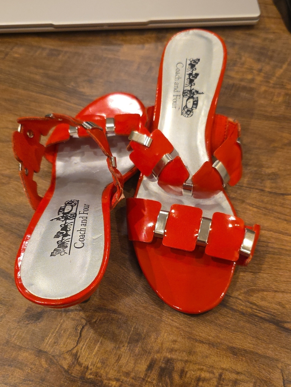 Coach and Four Red Patent Slide Sandals with Silver Accents